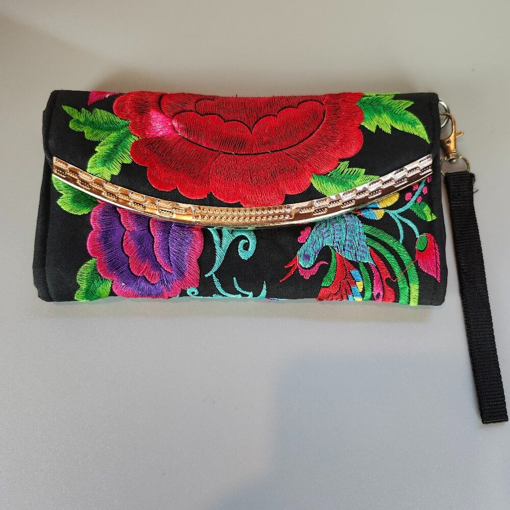 Colorful Embroidered Wristlet Wallet Butterfly & Flowers